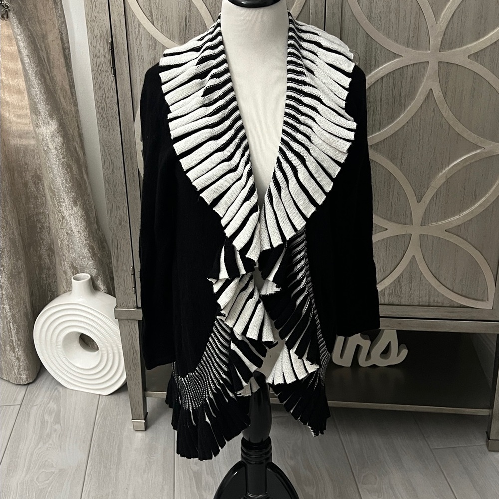 Chico’s Black and White Ruffled Cardigan